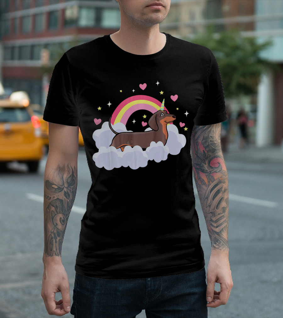 Dachshund Unicorn Lover Rainbow Hearts Clouds Stars T-Shirt