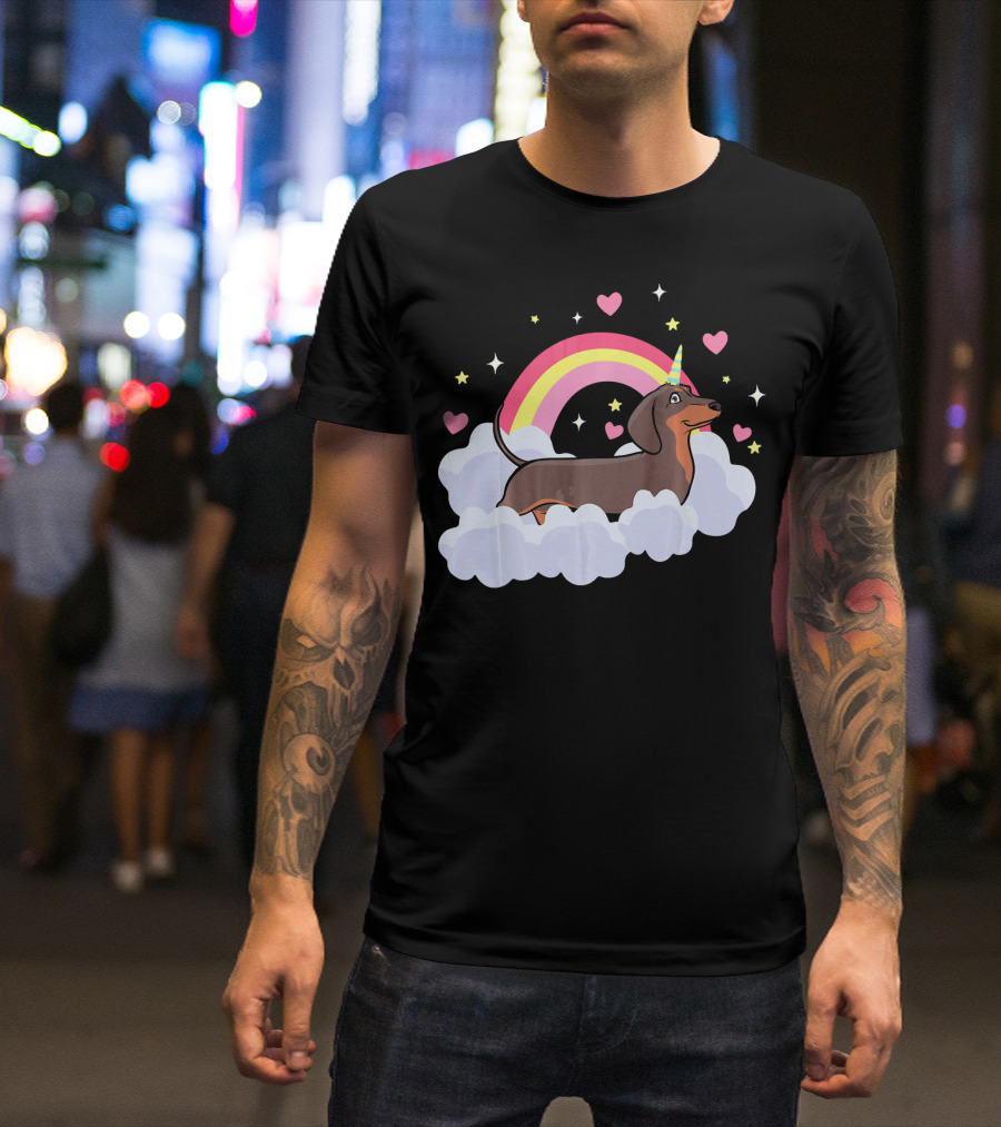 Dachshund Unicorn Lover Rainbow Hearts Clouds Stars T-Shirt