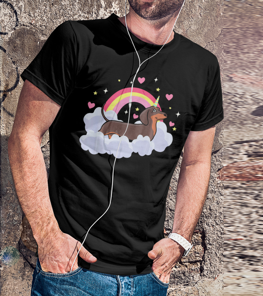 Dachshund Unicorn Lover Rainbow Hearts Clouds Stars T-Shirt