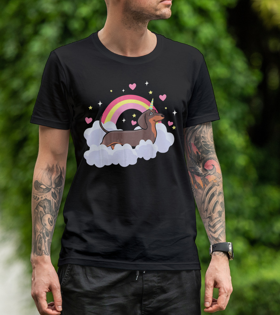 Dachshund Unicorn Lover Rainbow Hearts Clouds Stars T-Shirt