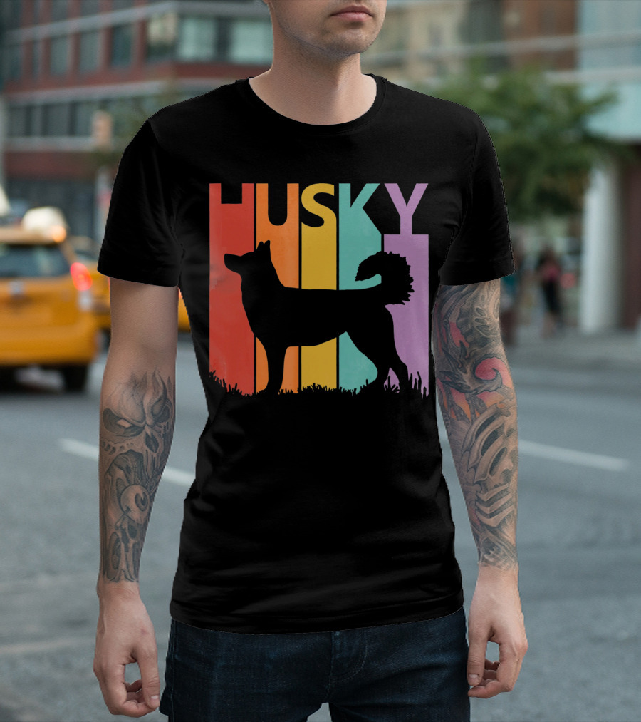 Husky Dog Retro Silhouette Funny Rainbow T-Shirt