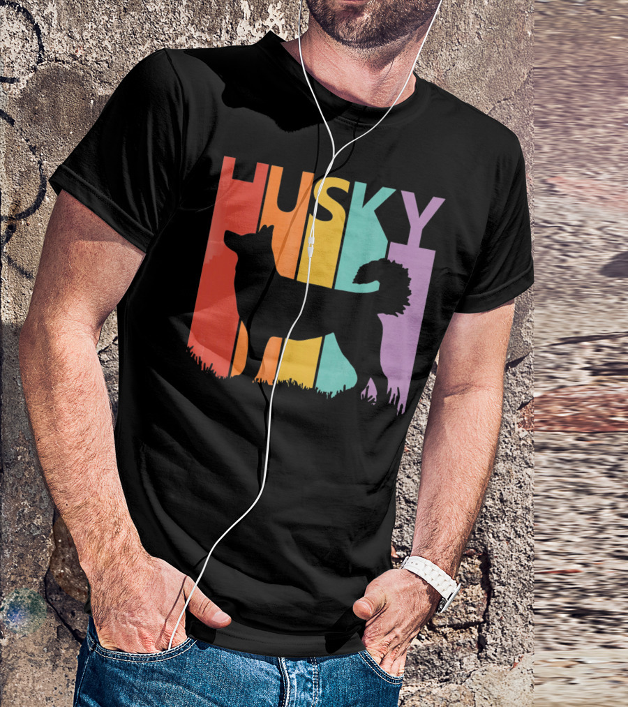 Husky Dog Retro Silhouette Funny Rainbow T-Shirt