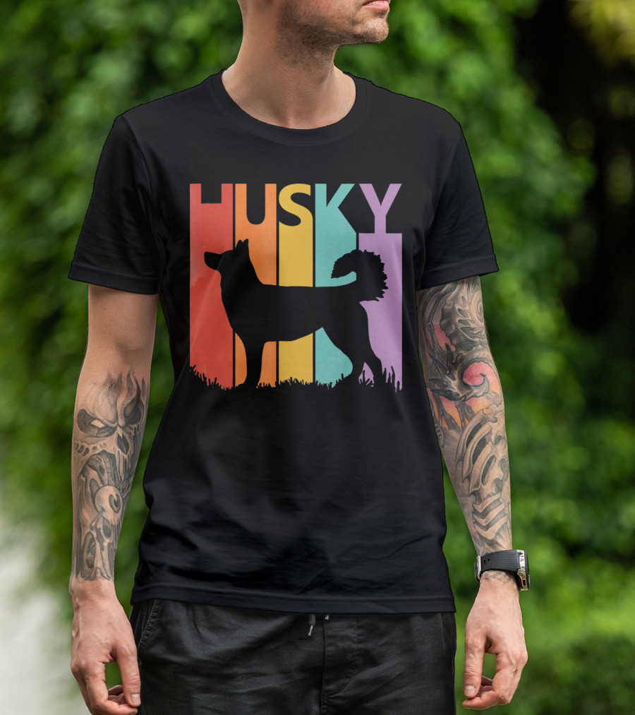 Husky Dog Retro Silhouette Funny Rainbow T-Shirt