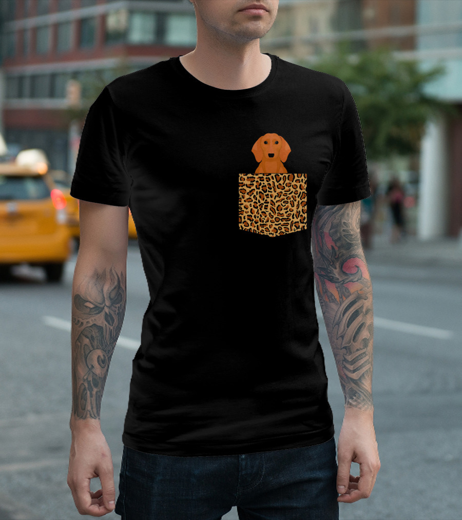Dog Sitting in Leopard Pocket Dachshund T-Shirt