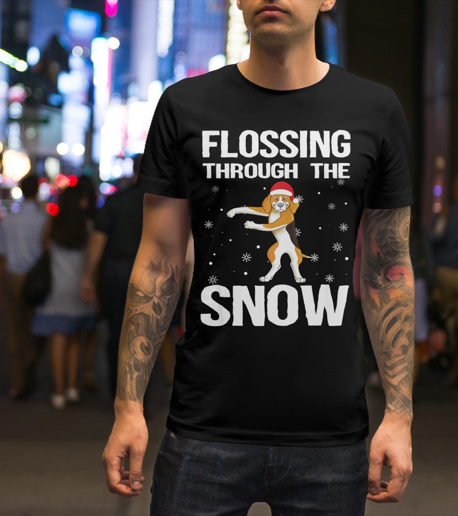 Flossing Through The Snow Beagle Santa Hat T-Shirt