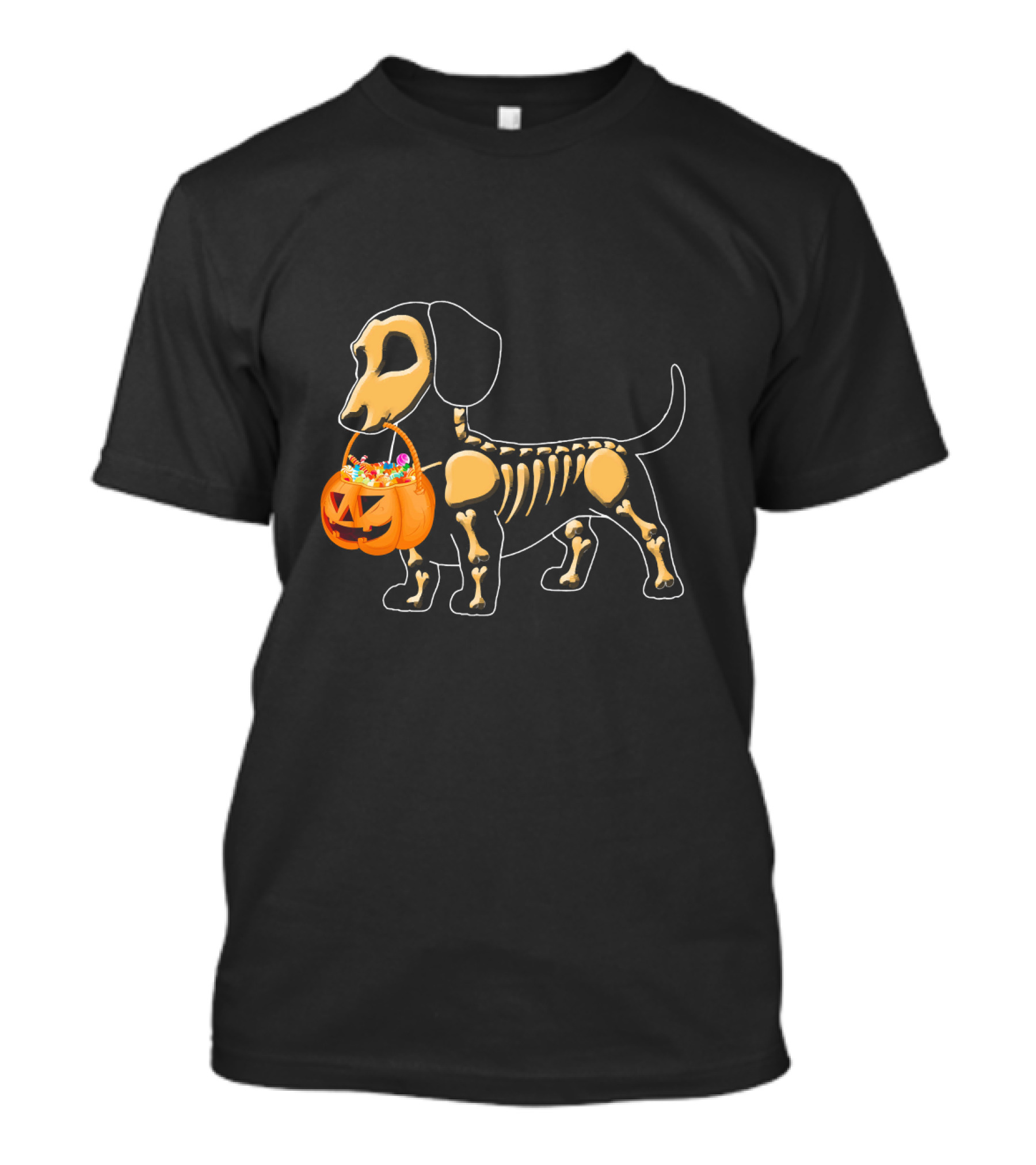 Dachshund Skeleton Halloween Dog With Pumpkin Candy Basket T-Shirt