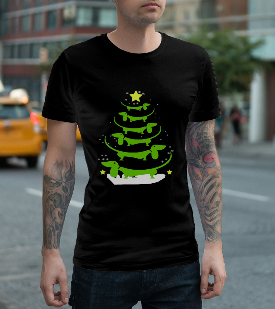 Dachshund Through The Snow Christmas Tree With Stars And Snowflakes T-Shirt
