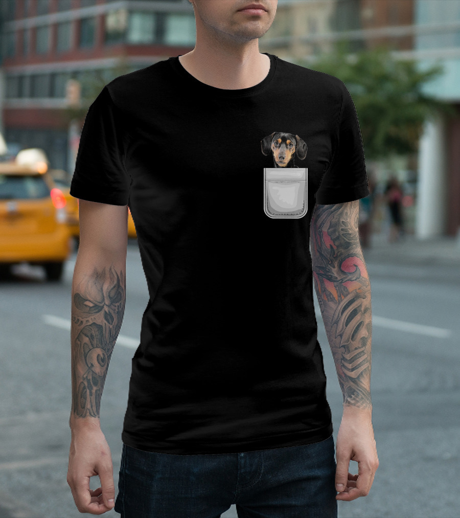 Dachshund Puppy Dog In Pocket T-Shirt