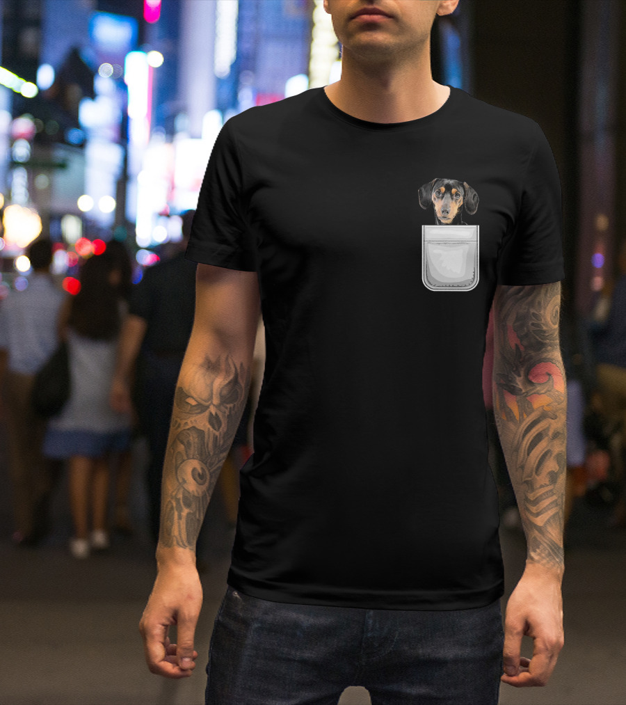 Dachshund Puppy Dog In Pocket T-Shirt
