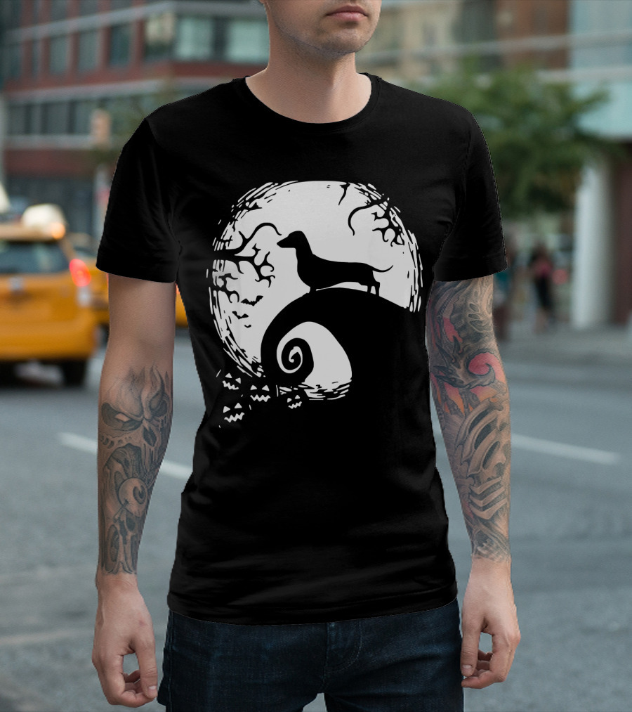 Nightmare Before Christmas Dachshund Silhouette Moon Scene T-Shirt
