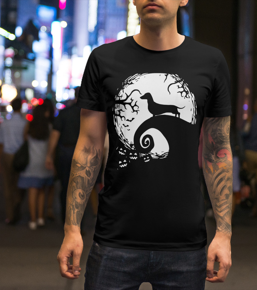 Nightmare Before Christmas Dachshund Silhouette Moon Scene T-Shirt
