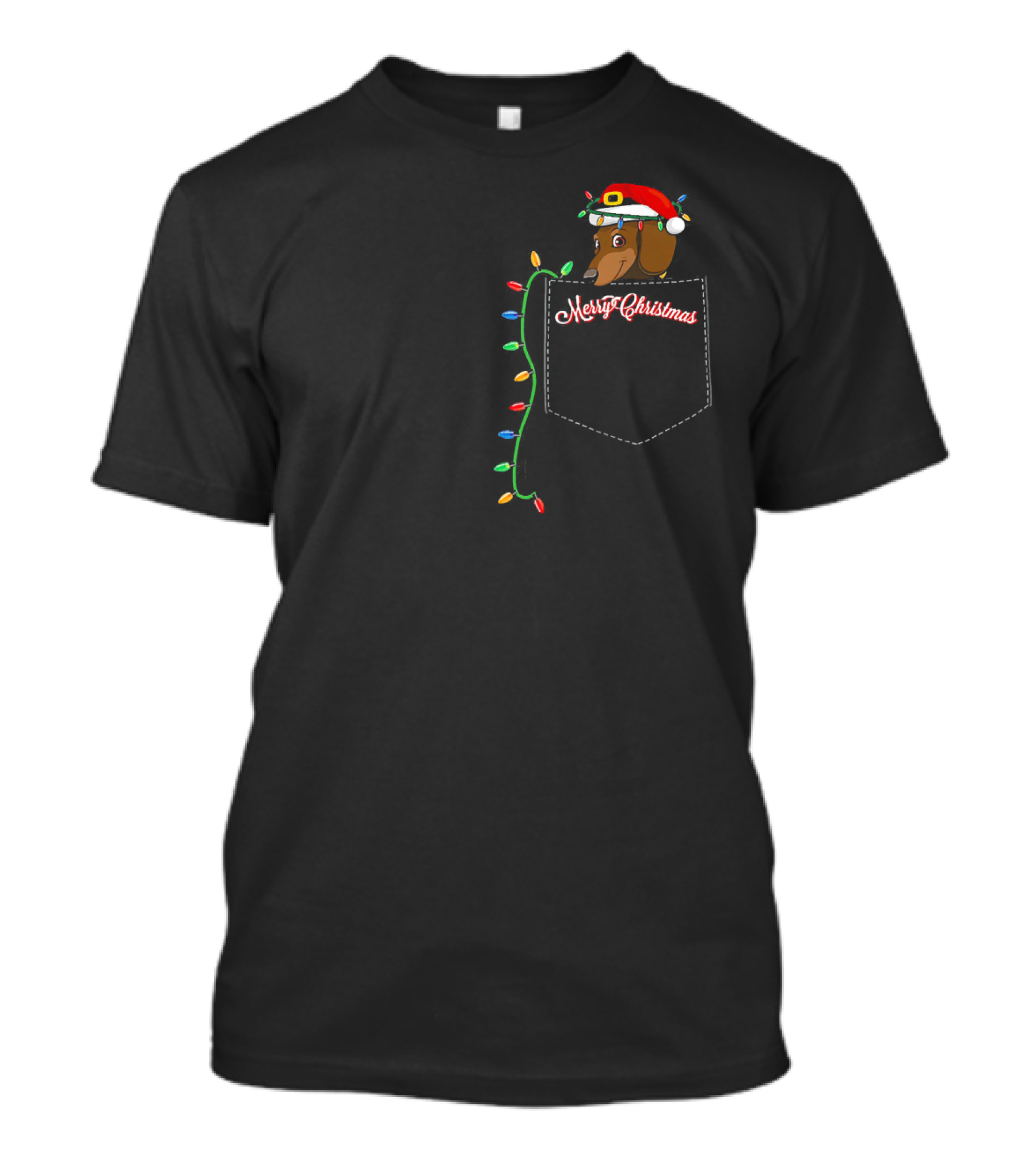 Dachshund Santa With Christmas Lights And Merry Christmas Pocket T-Shirt