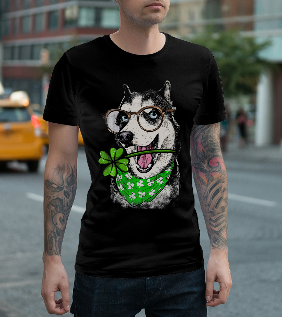 Husky Irish Shamrock St Patrick Glasses Dog Bandana T-Shirt