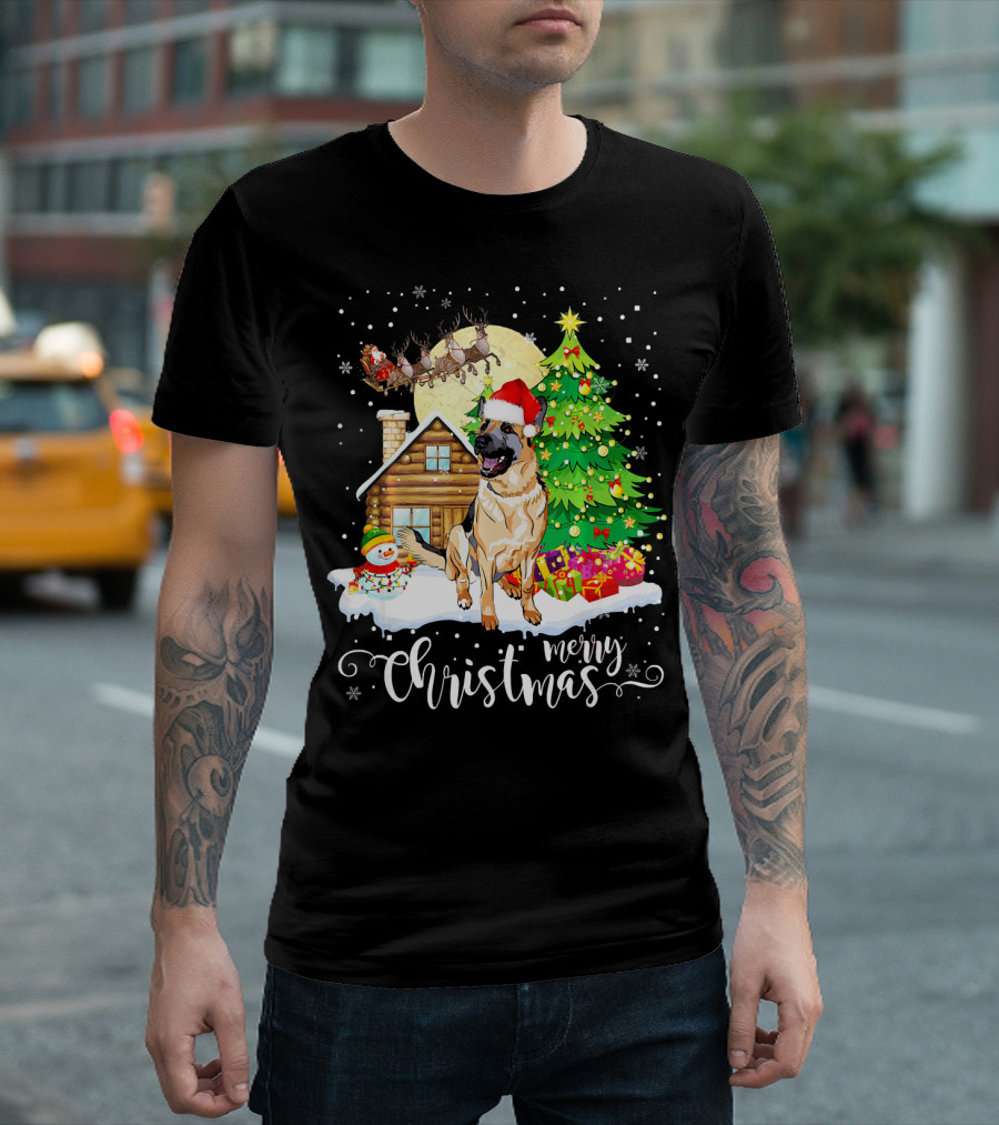 German Shepherd Merry Christmas Snowy Cabin Santa Hat Christmas Tree T-Shirt