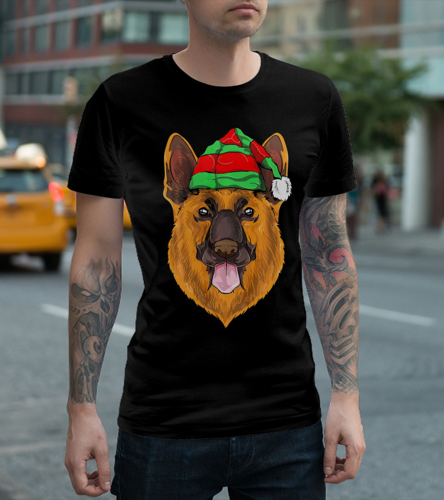 German Shepherd Wearing Festive Christmas Elf Hat T-Shirt