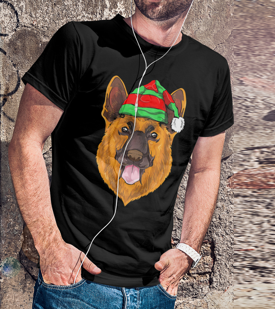 German Shepherd Wearing Festive Christmas Elf Hat T-Shirt