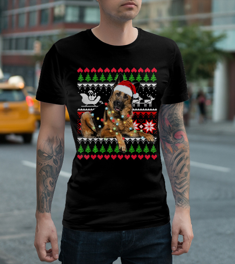 German Shepherd Santa Hat Christmas Lights Snowflake Ugly T-Shirt