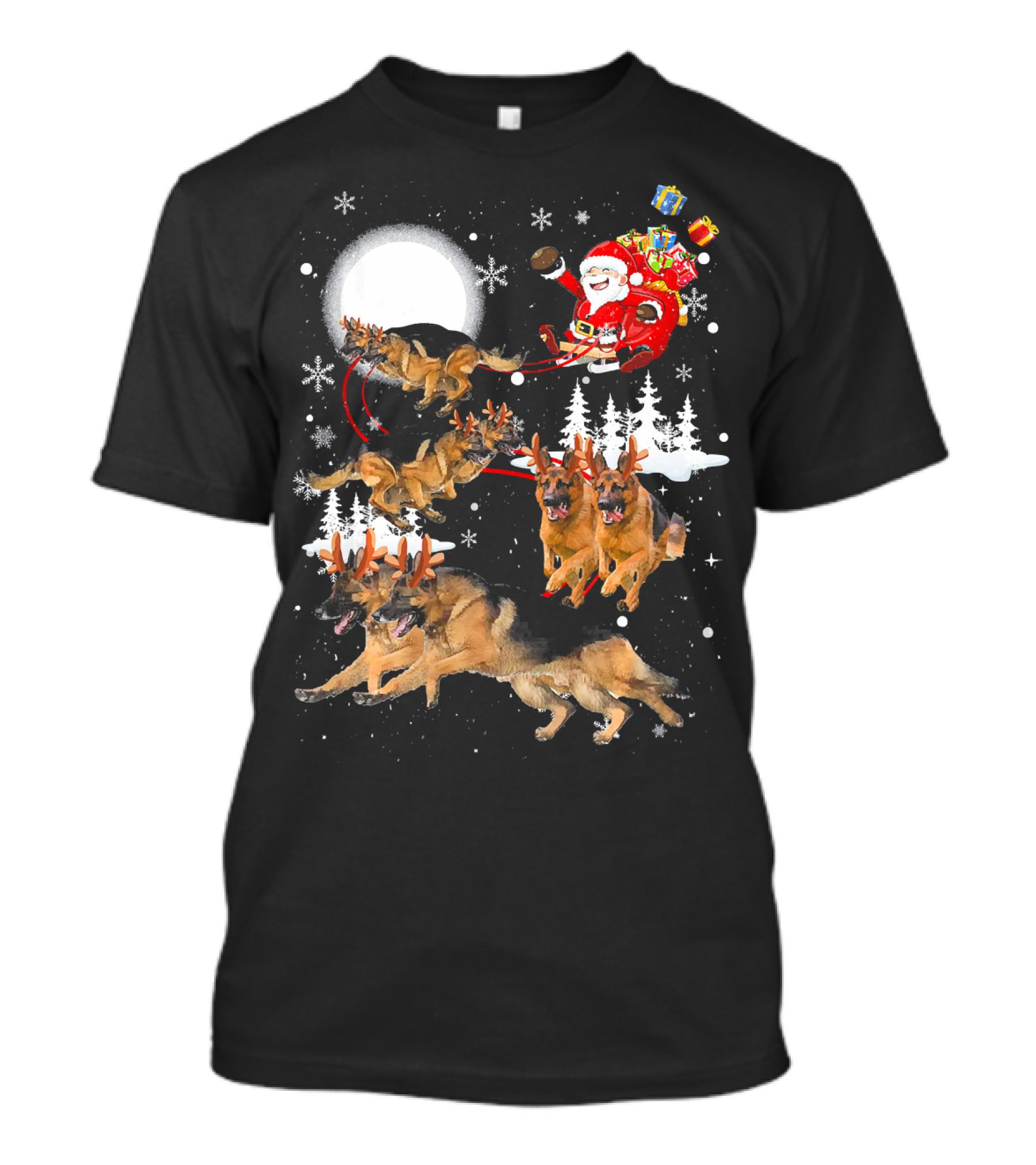 German Shepherd Reindeer Santa Sleigh By Moon T-Shirt