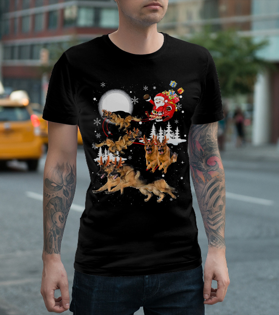 German Shepherd Reindeer Santa Sleigh By Moon T-Shirt