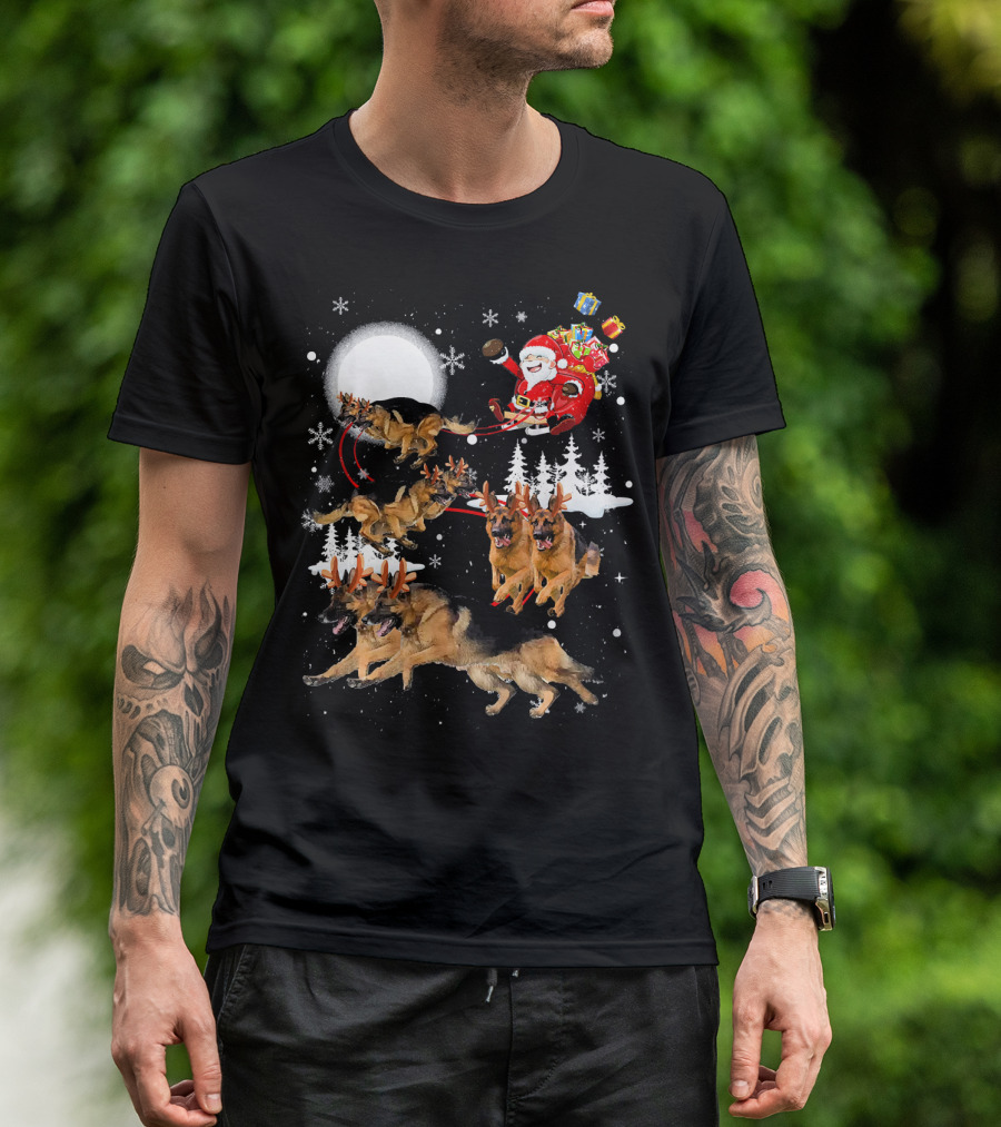 German Shepherd Reindeer Santa Sleigh By Moon T-Shirt