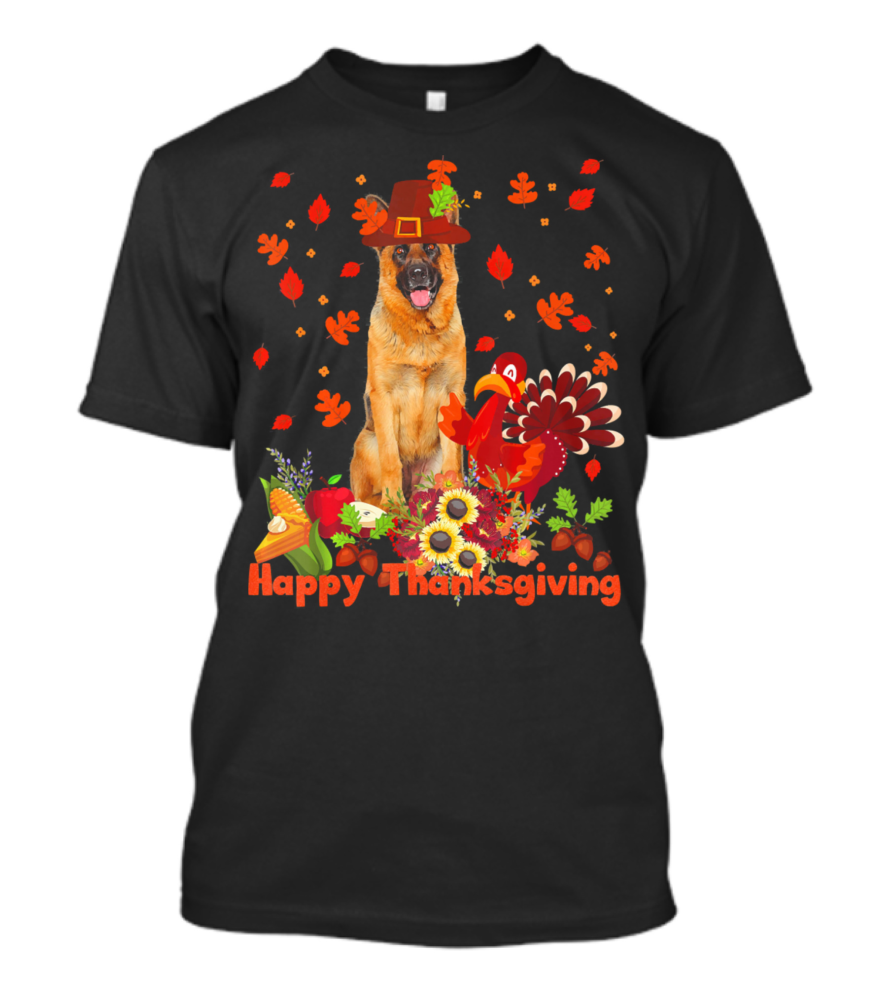 Happy Thanksgiving German Shepherd With Turkey And Autumn Leaves T-Shirt
