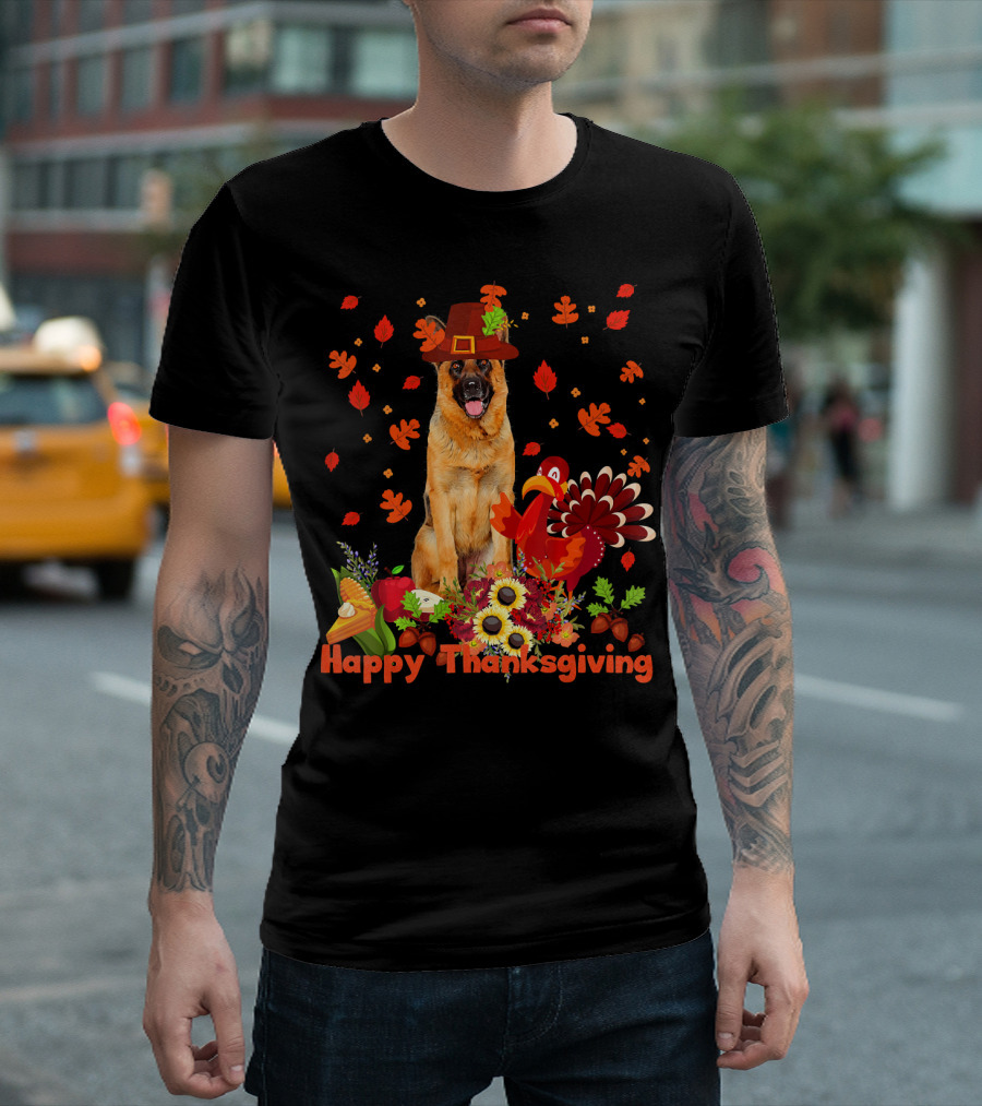 Happy Thanksgiving German Shepherd With Turkey And Autumn Leaves T-Shirt