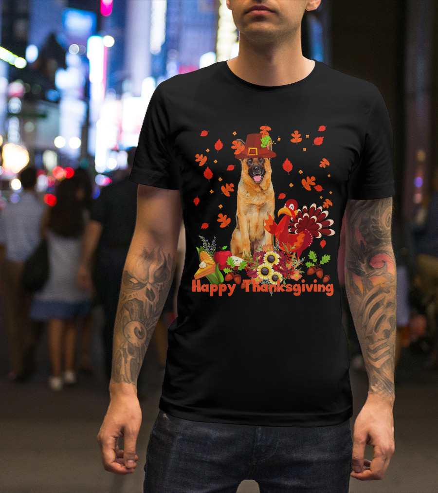 Happy Thanksgiving German Shepherd With Turkey And Autumn Leaves T-Shirt