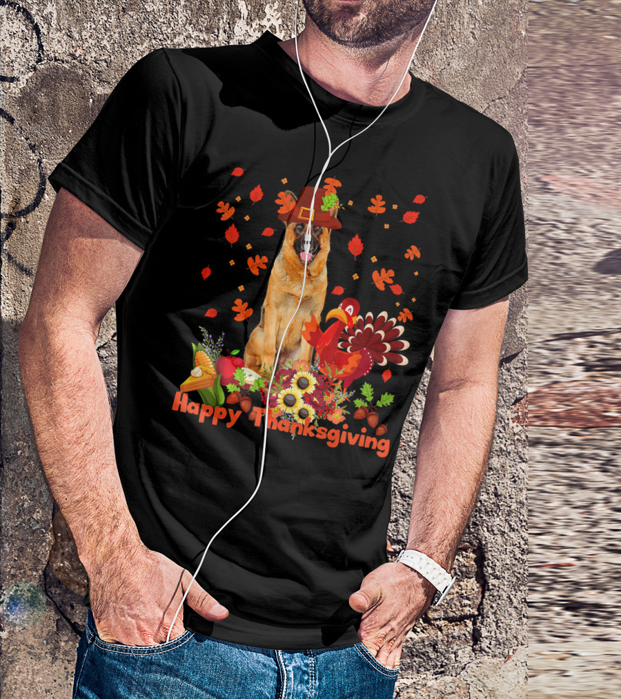 Happy Thanksgiving German Shepherd With Turkey And Autumn Leaves T-Shirt