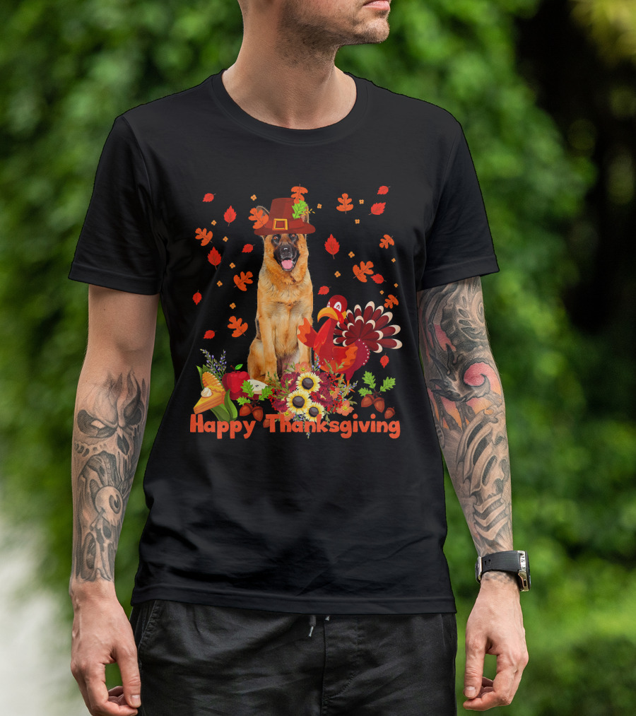Happy Thanksgiving German Shepherd With Turkey And Autumn Leaves T-Shirt