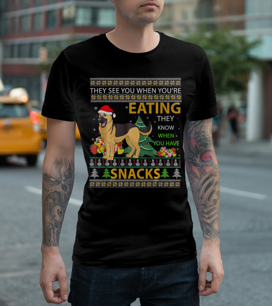 They See You When You're Eating Snacks Christmas German Shepherd T-Shirt