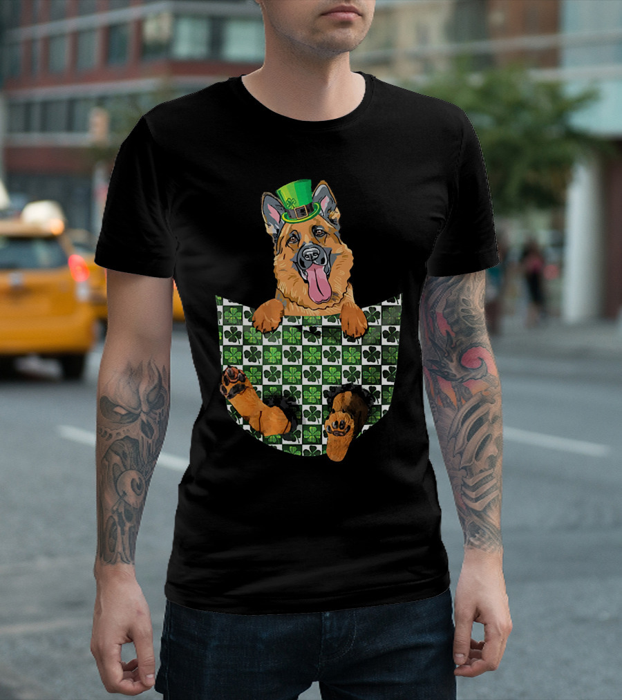 German Shepherd Green Hat Shamrock Pocket Patrick T-Shirt