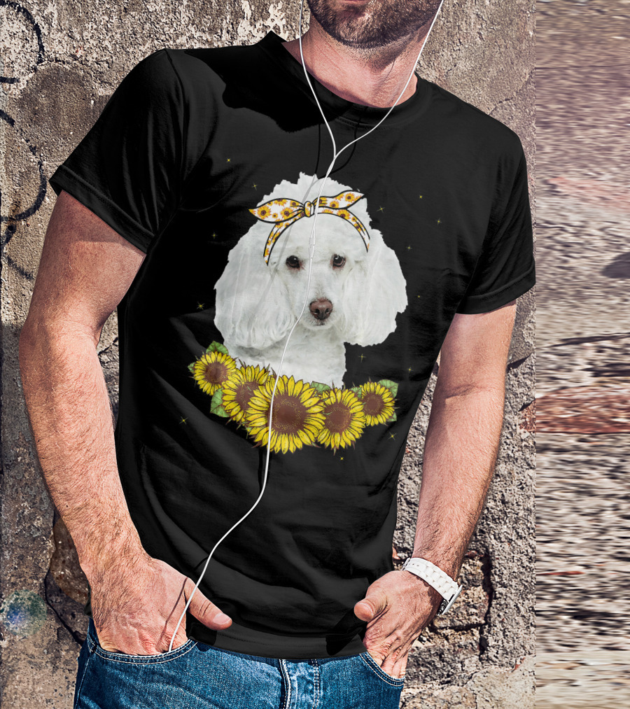 Girls Poodle Dog Sunflower Bandana Cute Floral Stars T-Shirt
