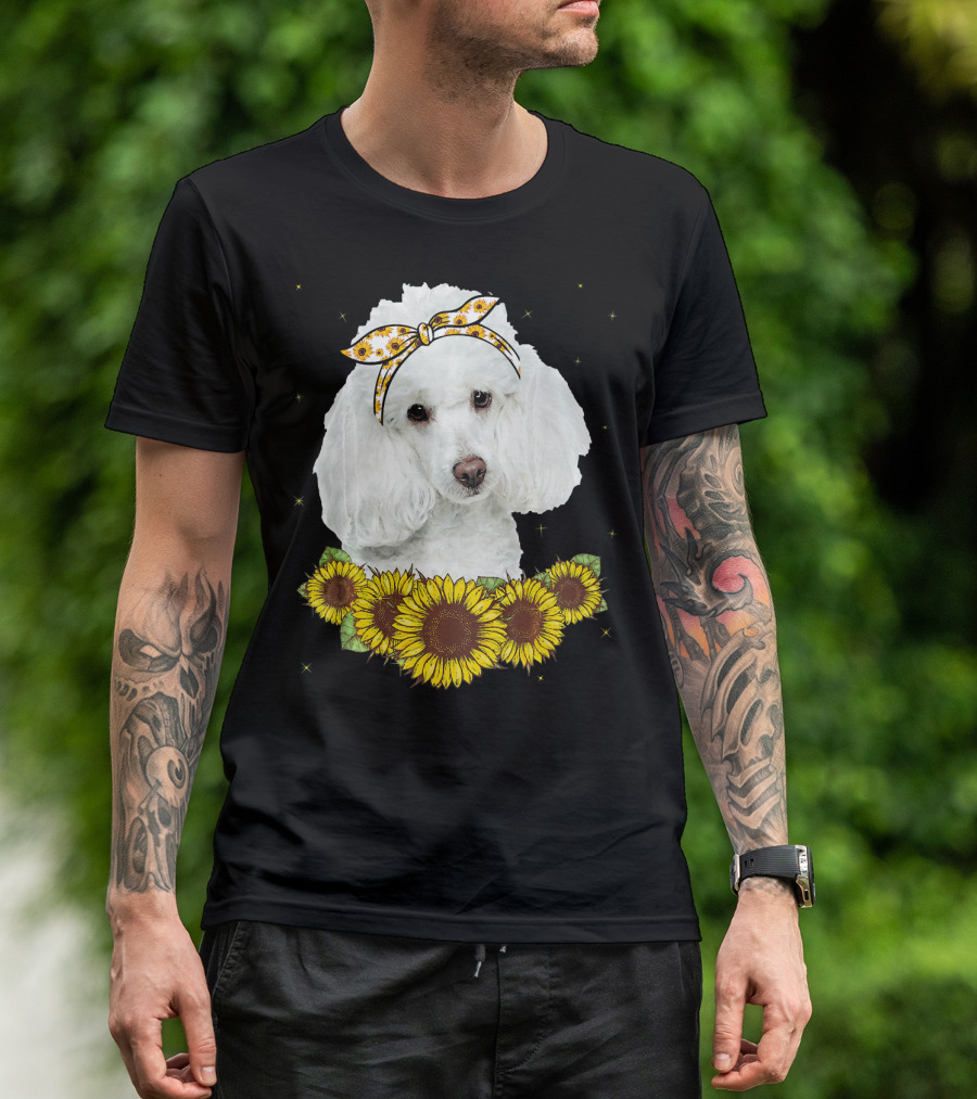 Girls Poodle Dog Sunflower Bandana Cute Floral Stars T-Shirt