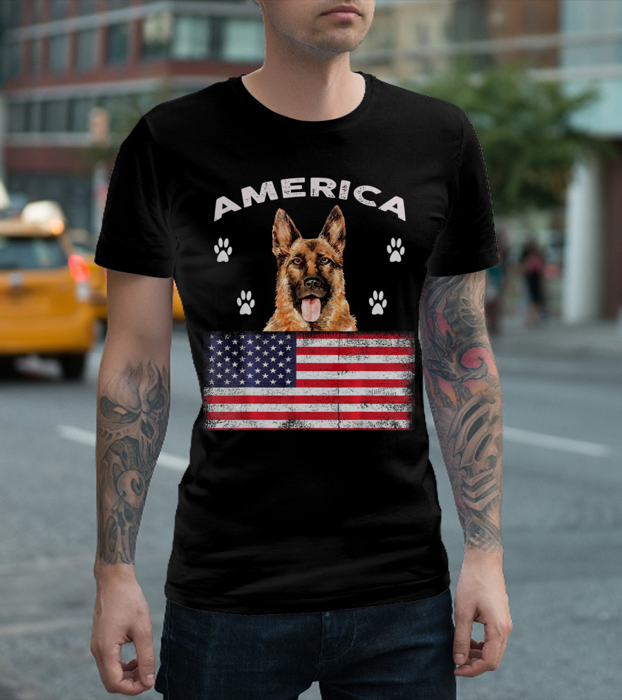 America German Shepherd With American Flag And Paw Prints T-Shirt