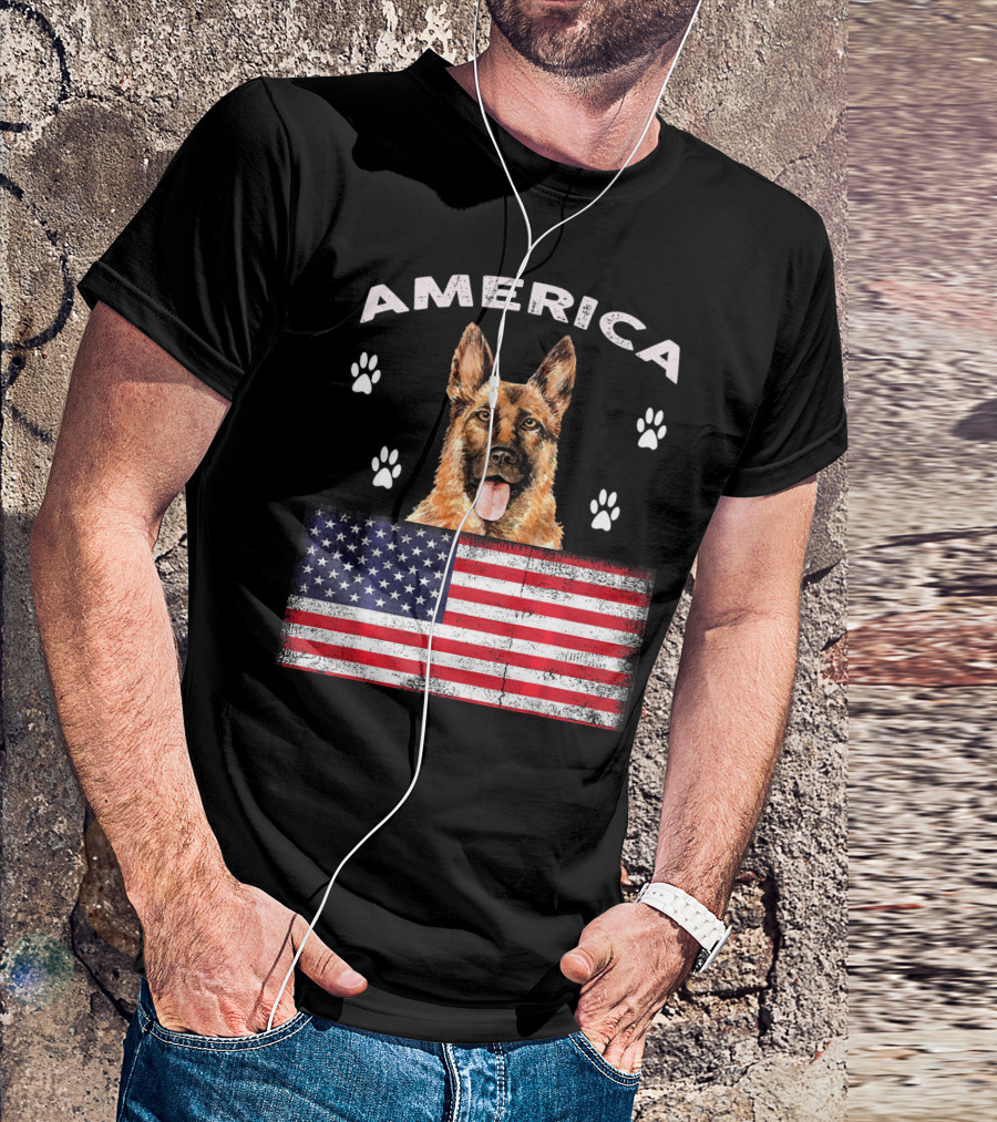 America German Shepherd With American Flag And Paw Prints T-Shirt