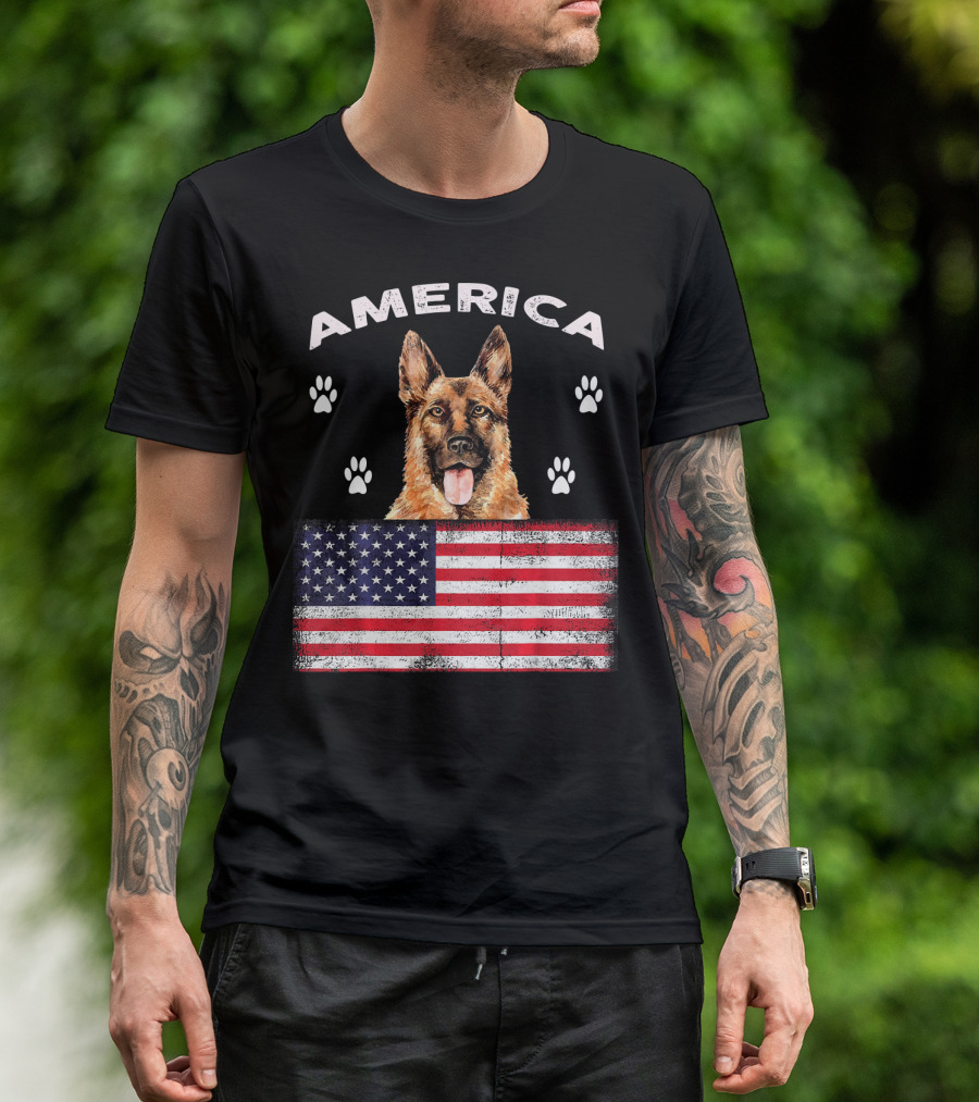 America German Shepherd With American Flag And Paw Prints T-Shirt