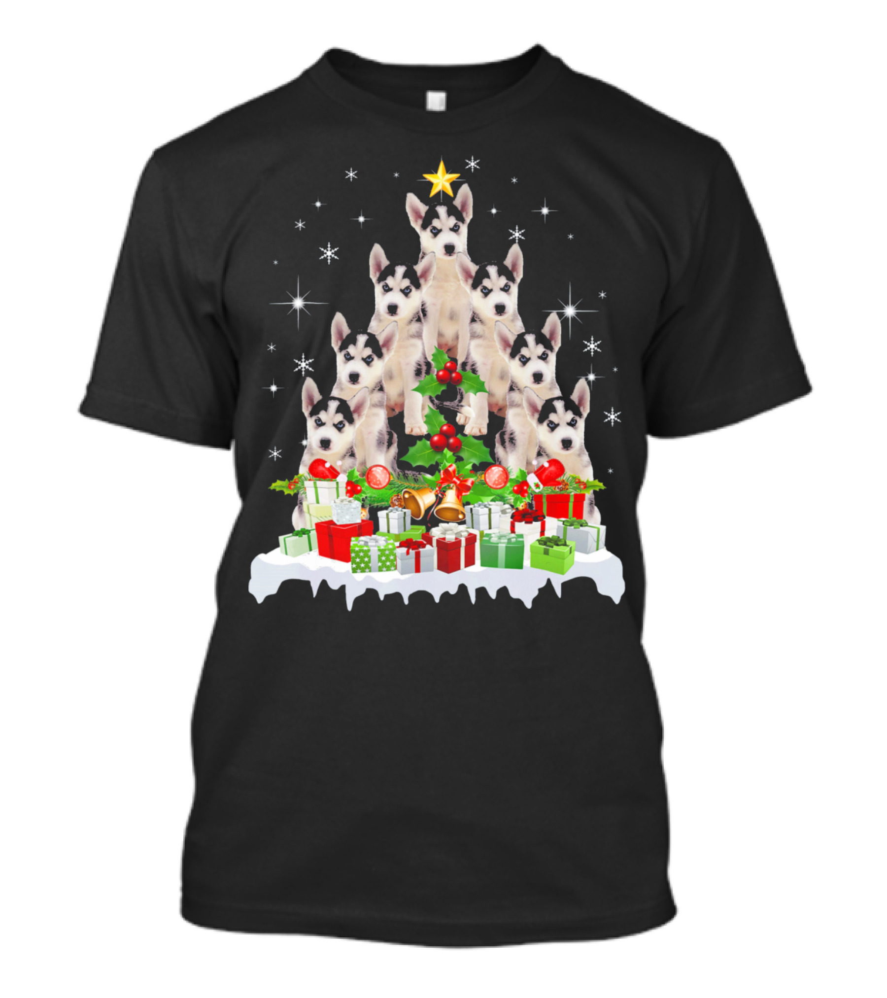 Husky Dog Christmas Tree With Gifts And Stars T-Shirt