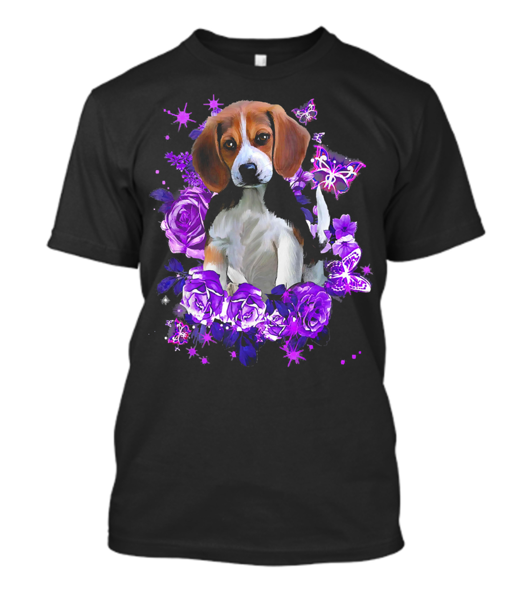 Funny Purple Beagle With Purple Flowers And Butterflies T-Shirt