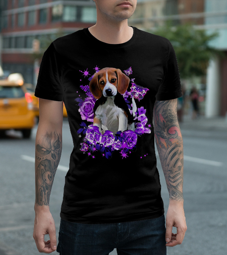 Funny Purple Beagle With Purple Flowers And Butterflies T-Shirt