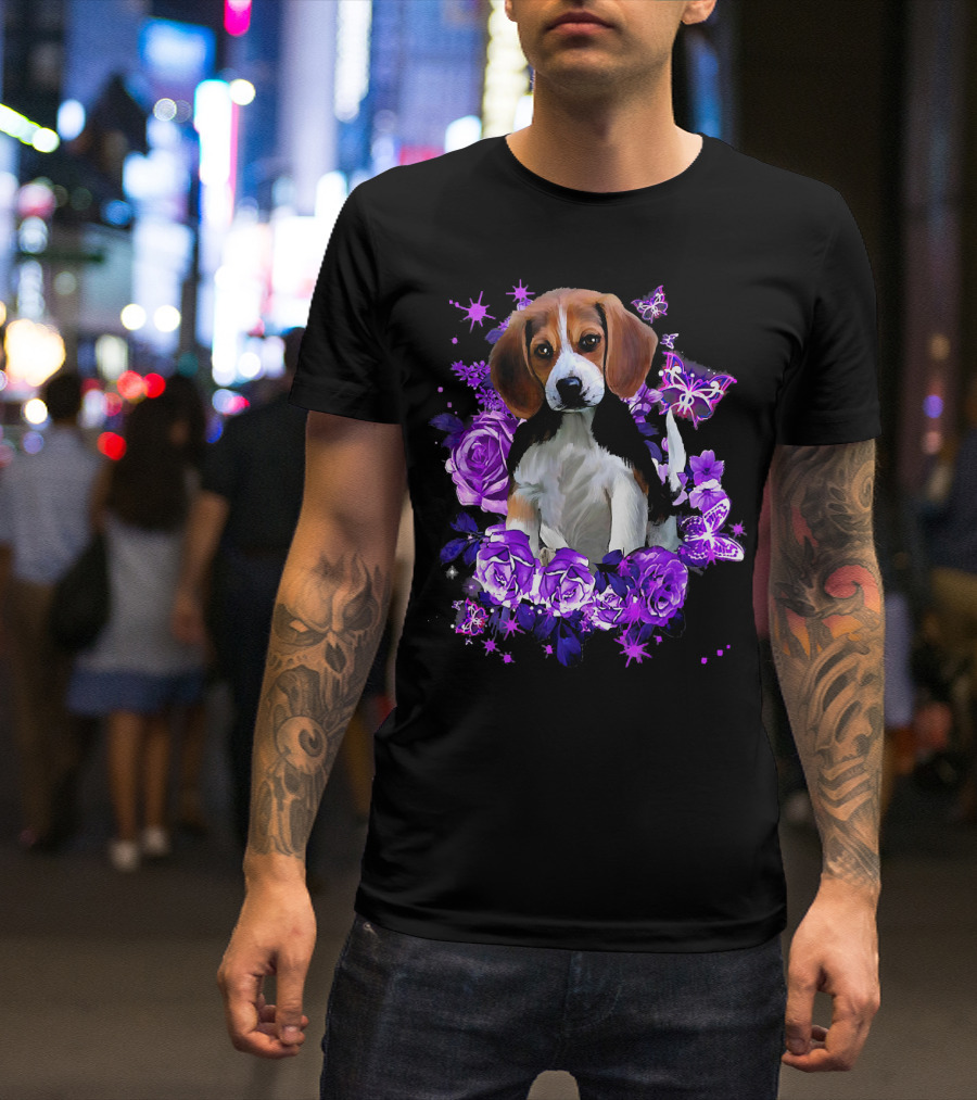 Funny Purple Beagle With Purple Flowers And Butterflies T-Shirt