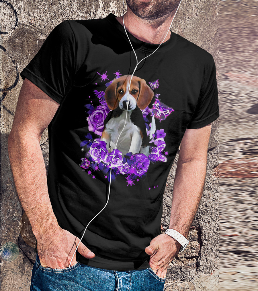 Funny Purple Beagle With Purple Flowers And Butterflies T-Shirt