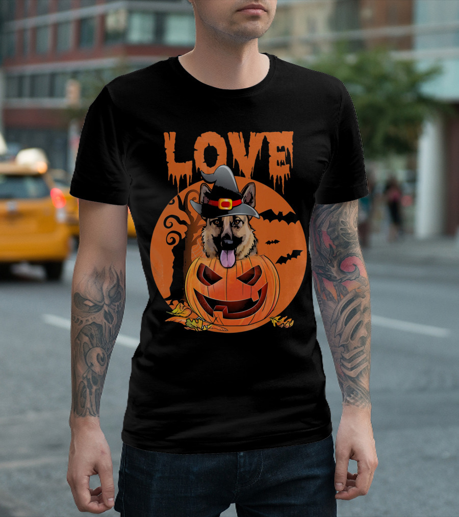 LOVE German Shepherd Witch Hat Pumpkin Halloween T-Shirt
