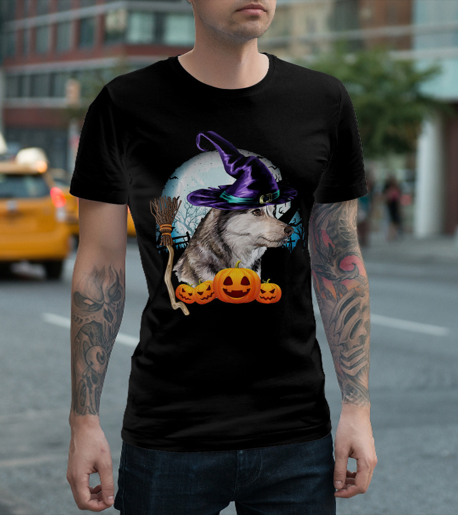 Husky Witch Hat Dog Halloween Broomstick Pumpkins T-Shirt