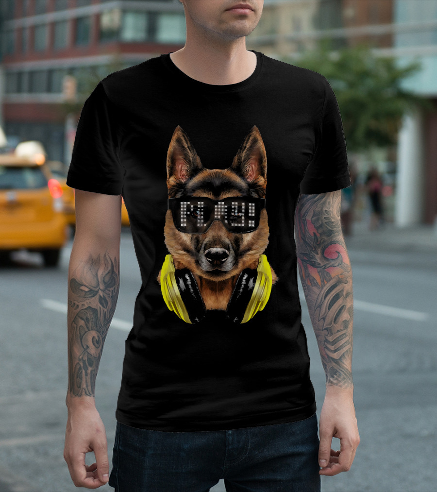 German Shepherd Dog DJ With LED Sunglasses And Yellow Headphones T-Shirt
