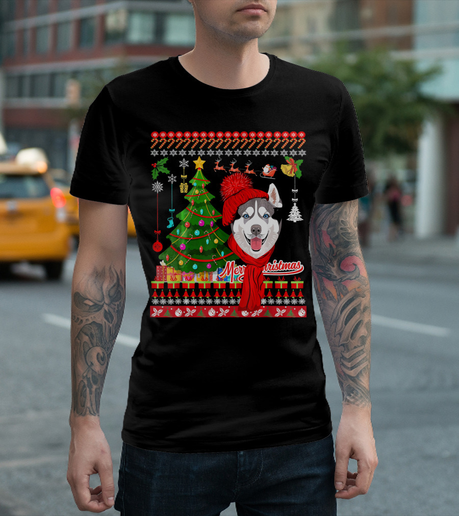 Merry Christmas Husky Dog Ugly Sweater Style Christmas Tree T-Shirt
