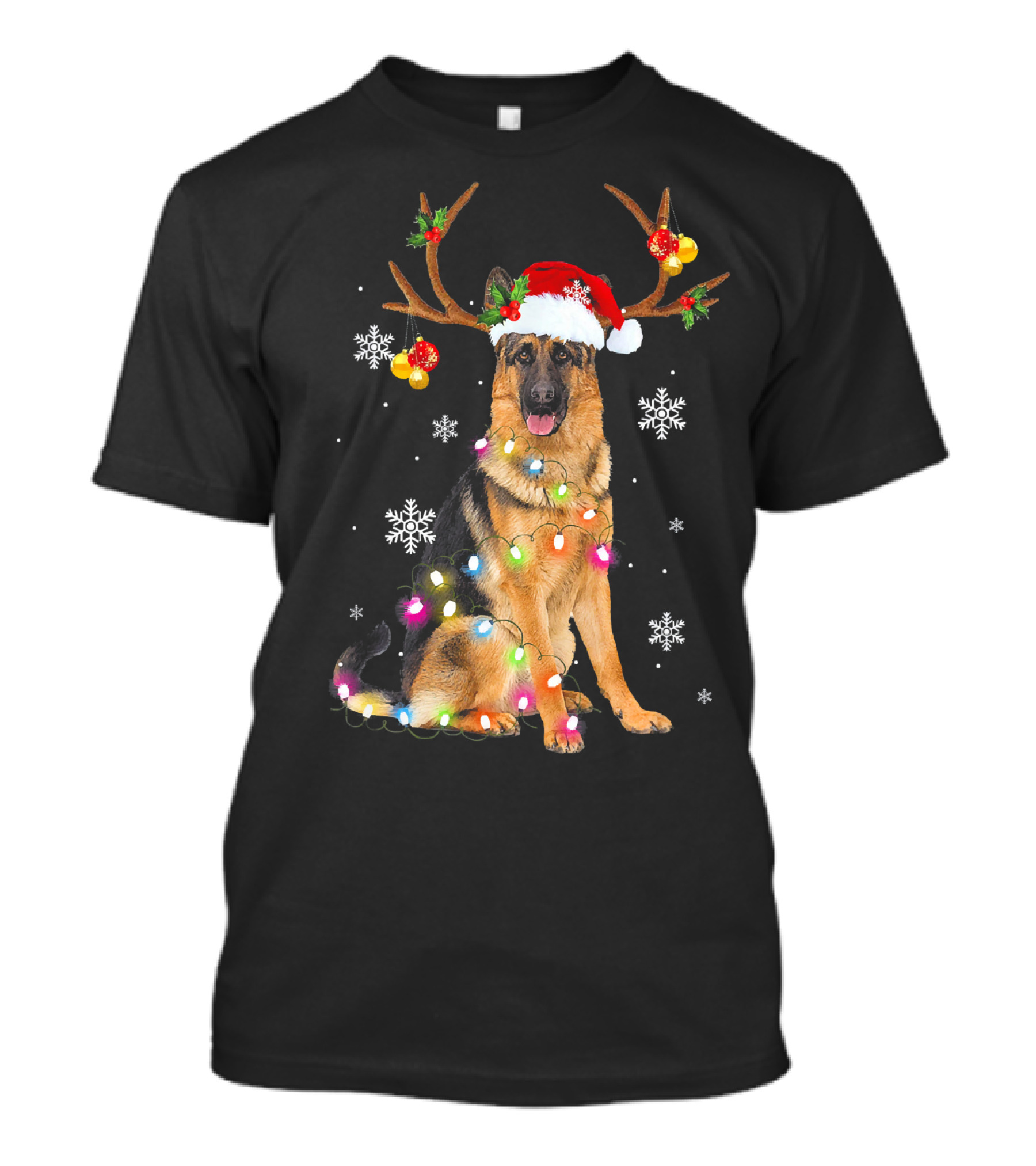 German Shepherd Reindeer Christmas Lights Santa Hat Snowflakes T-Shirt