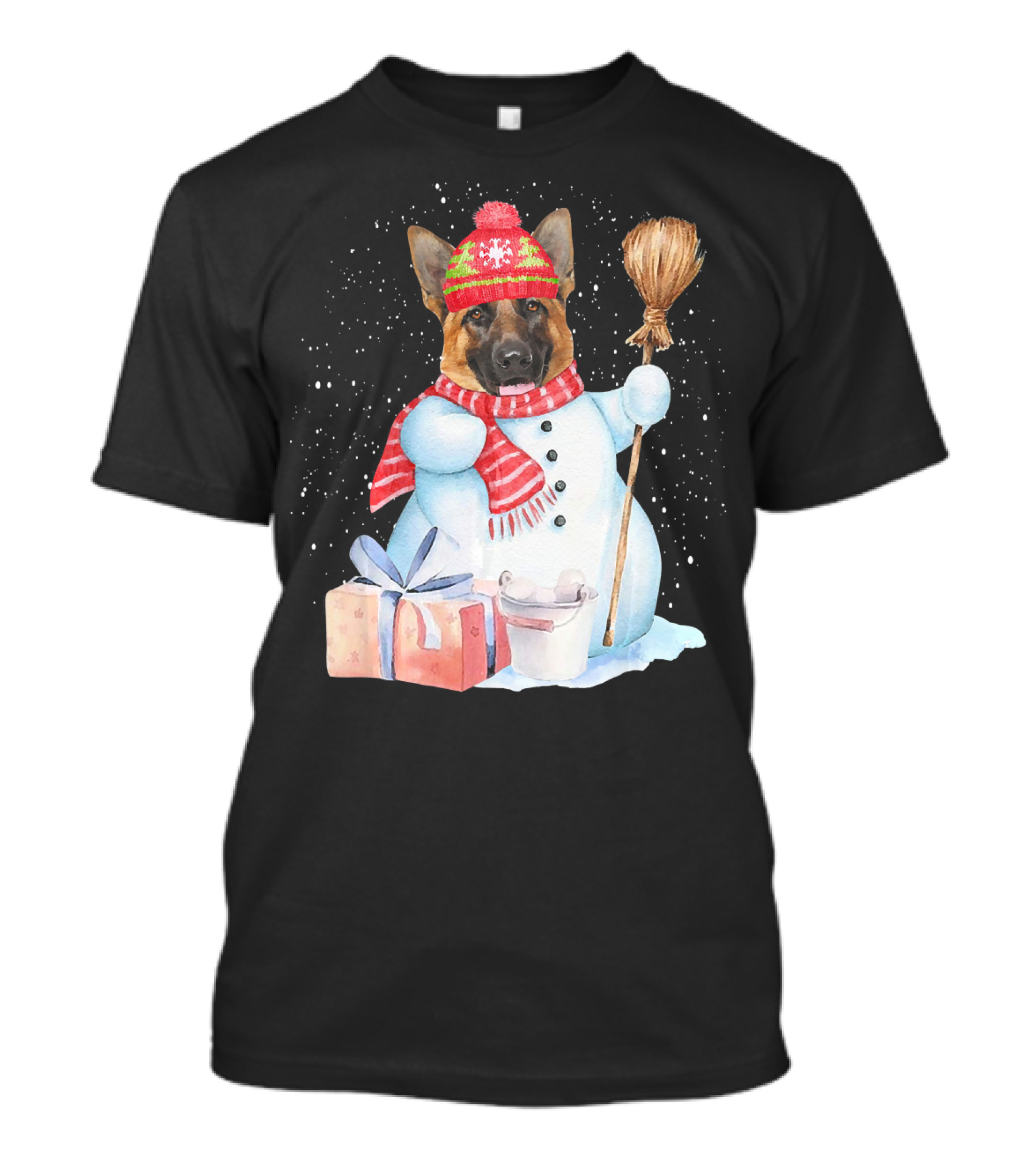 German Shepherd Snowman With Red Scarf And Broom On Snowy Night T-Shirt