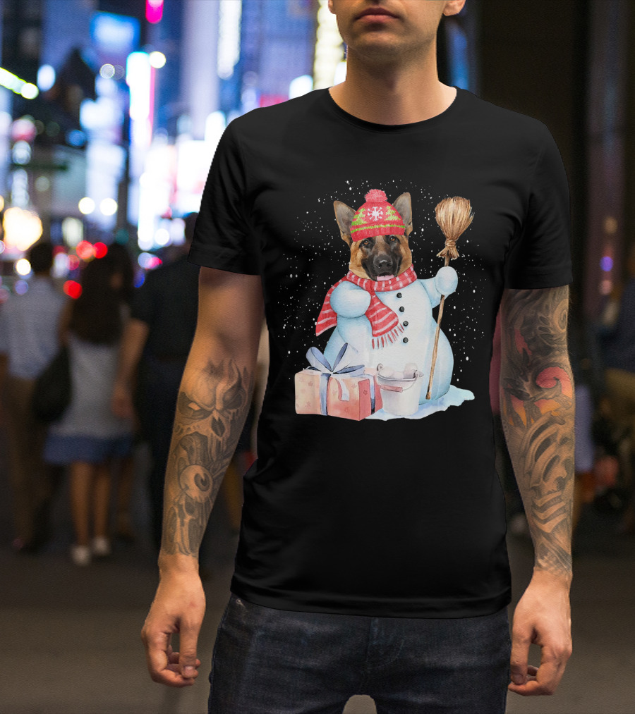 German Shepherd Snowman With Red Scarf And Broom On Snowy Night T-Shirt