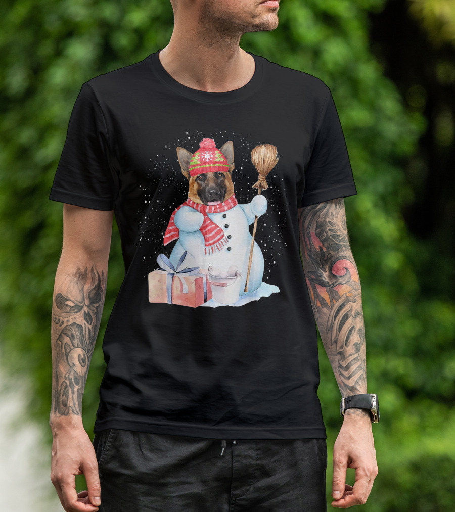 German Shepherd Snowman With Red Scarf And Broom On Snowy Night T-Shirt