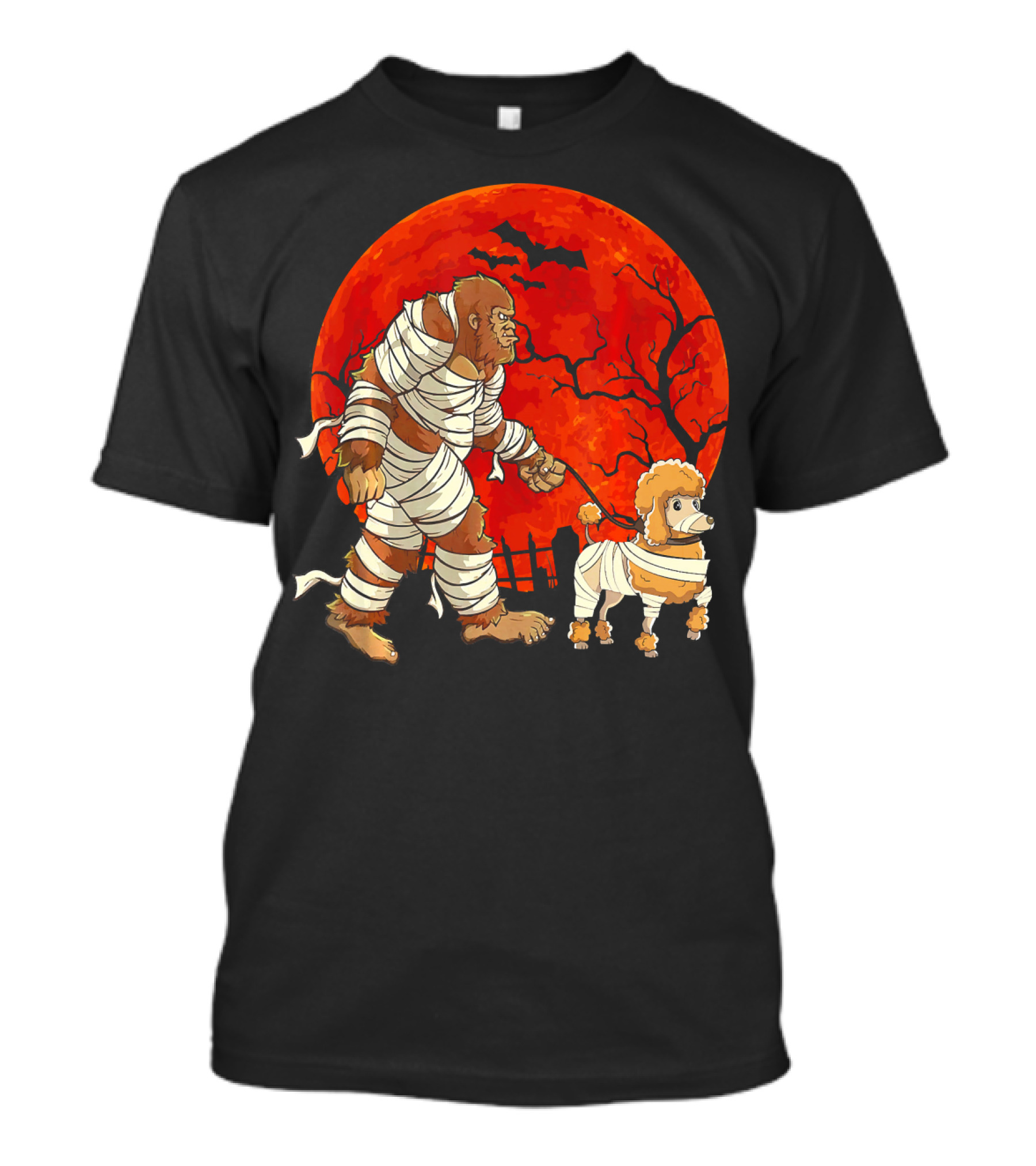 Halloween Bigfoot Mummy Walking Dog In Front Of Full Moon And Bats T-Shirt